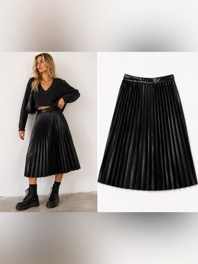 Monteau Black Faux Leather Pleated Midi Skirt NWT Small Preppy Dark Academia